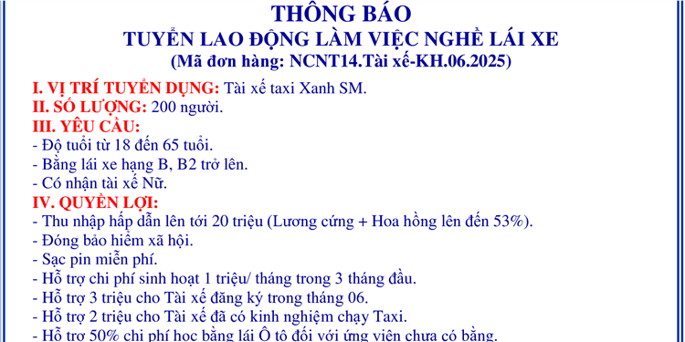 TUYỂN LAO ĐỘNG VIỆC NGHỀ LÁI XE TAXI